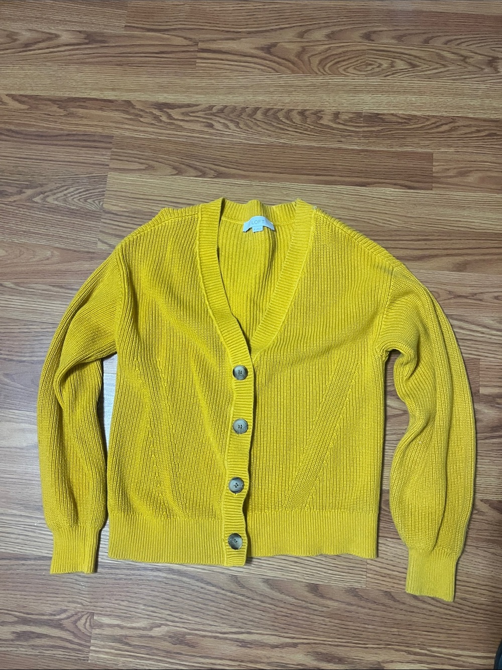 LOFT Mustard Yellow Ribbed V-Neck Button-Front Cardigan M